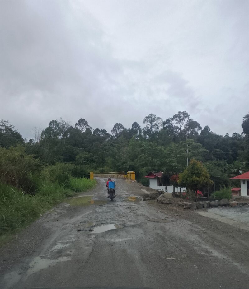 Tampak kondisi jalan Pulau Sangkar Kebun Baru yang rusak parah