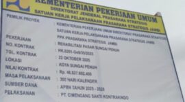 Papan merek pelaksanaan proyek pasar beringin di Sungai Penuh. Pelaksanaan rehabilitasi pasar beringin mulai dikerjakan.