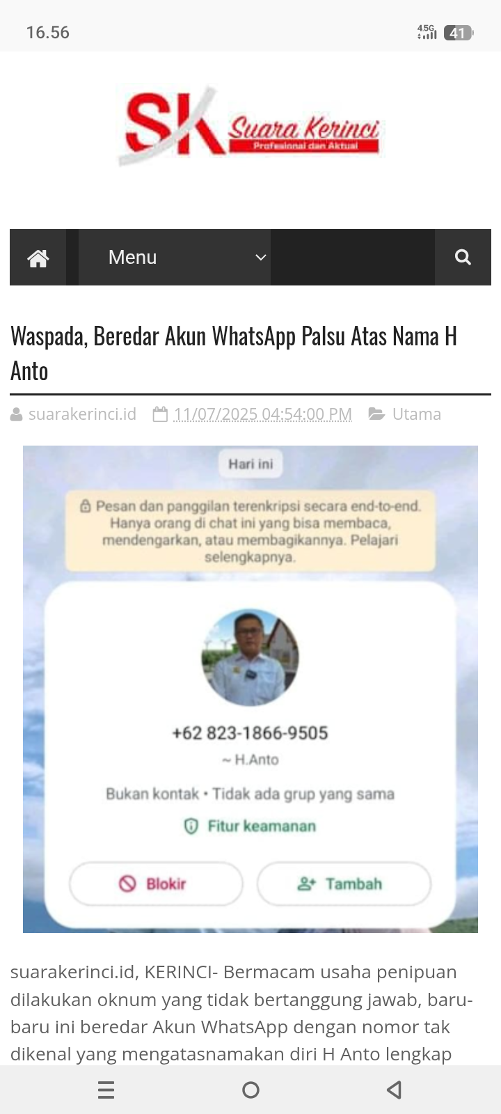 Oknum Tidak Bertanggung jawab Gunakan Nama dan Foto H Anto untuk lancarkan aksi penipuan