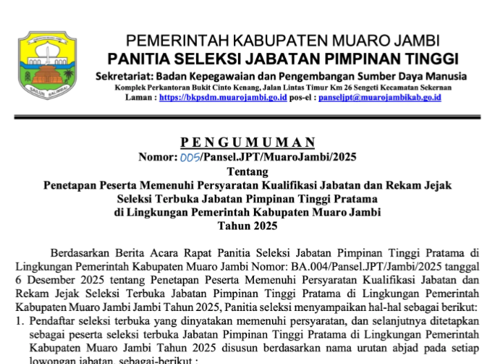 Pengumuman seleksi Administrasi JPT Muaro Jambi.