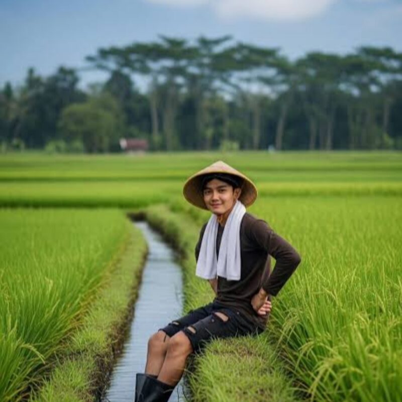 Ilustrasi foto Prompt foto dilahan sawah di pedesaan