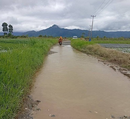 Tampak kondisi jalan utama di Desa Koto Baru, Kecamatan Kayu Aro, Kabupaten Kerinci yuang rusak parah