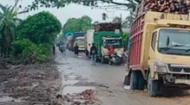 Tampak kondisi Jalan Tungkal-Jambi dalam kondisi rusak parah