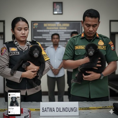 Ilustrasi pengungkapan kasus jual beli siamang satwa dilindungi di medsos. (Foto/Gemini AI)