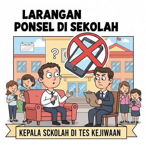Ilustrasi Larangan penggunaan HP di sekolah dan Kepala Sekolah di Tes Kejiwaan