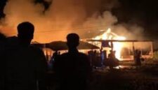 Terlihat sijago  merah melalp rumah warga di Desa Lambur Luar, Kecamatan Muara Sabak Timur, Kabupaten Tanjung Jabung Timur.