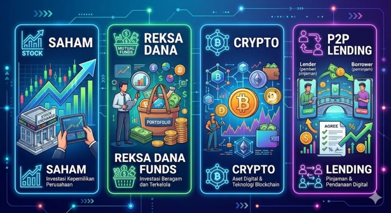 Perbedaan saham, reksa dana, p2p landing, krypto