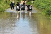 Tampak Kondisi Jalan Sapat ujung unit 6 Rimbo Bujang Tebo digenangi air