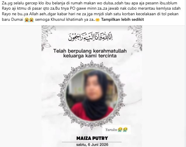 KIsah haru dibalik meninggalnya Maiza korban lakalantas di Tol Pekan Baru- Dumai