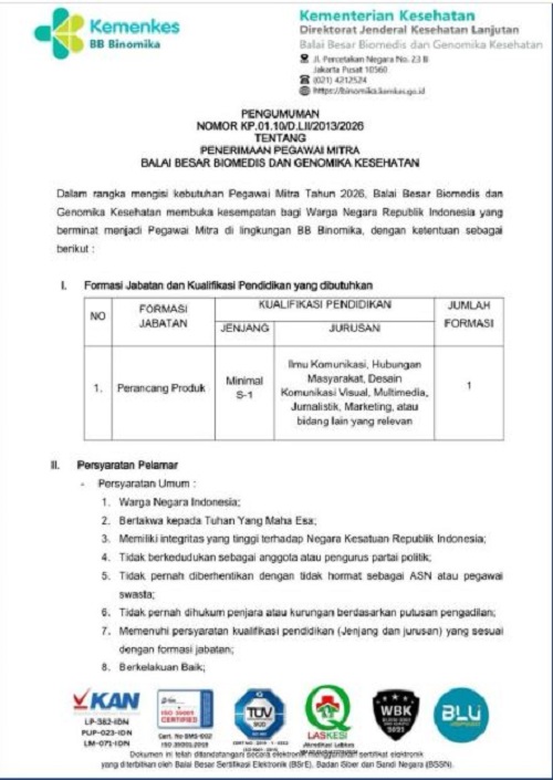 Pengumuman Lowongan Kerja Balai Besar Biomedis dan Genomika Kesehatan