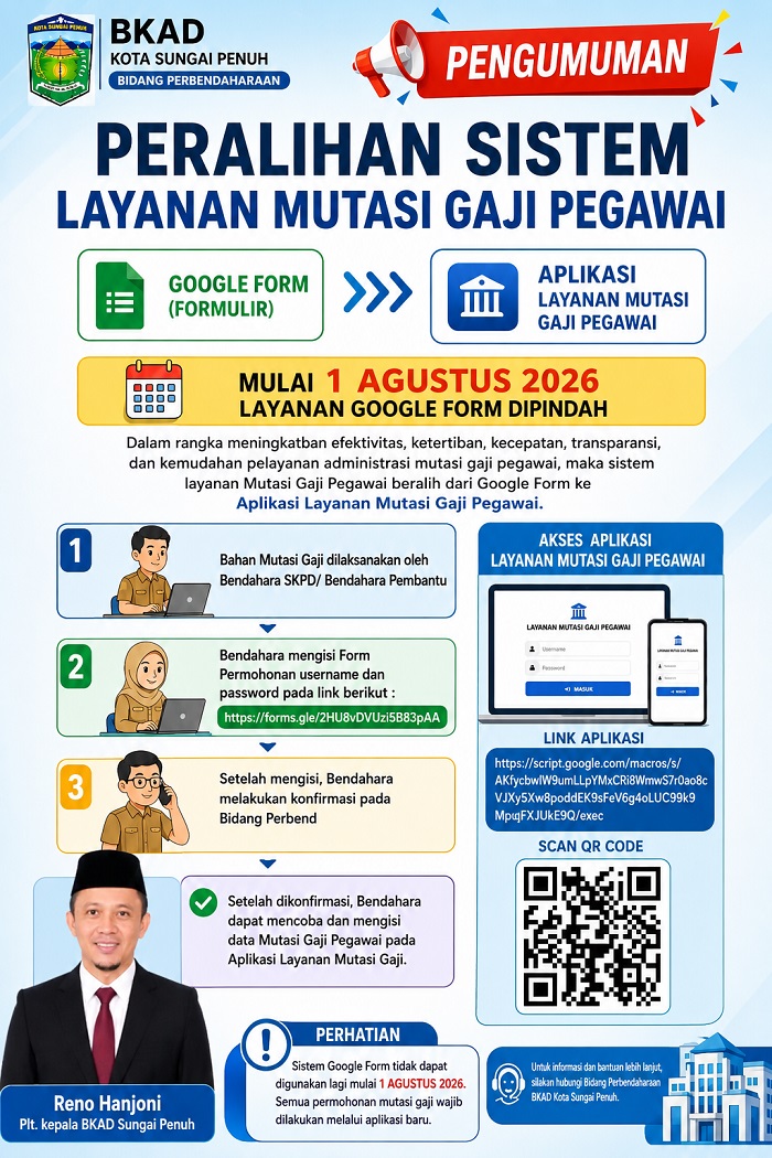 BKAD Sungai Penuh mengubah layanan mutasi gaji pegawai mulai 1 Agustus 2026