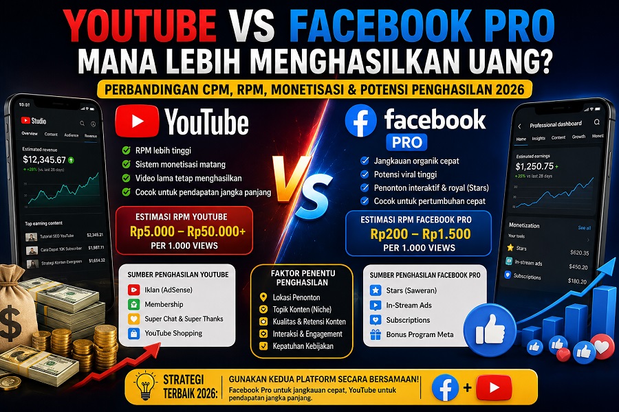 Perbedaan pendapatan Youtube vs facebook pro terbaru