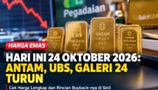 Harga Emas Pegadaian 24 Oktober 2026 Kompak Turun,